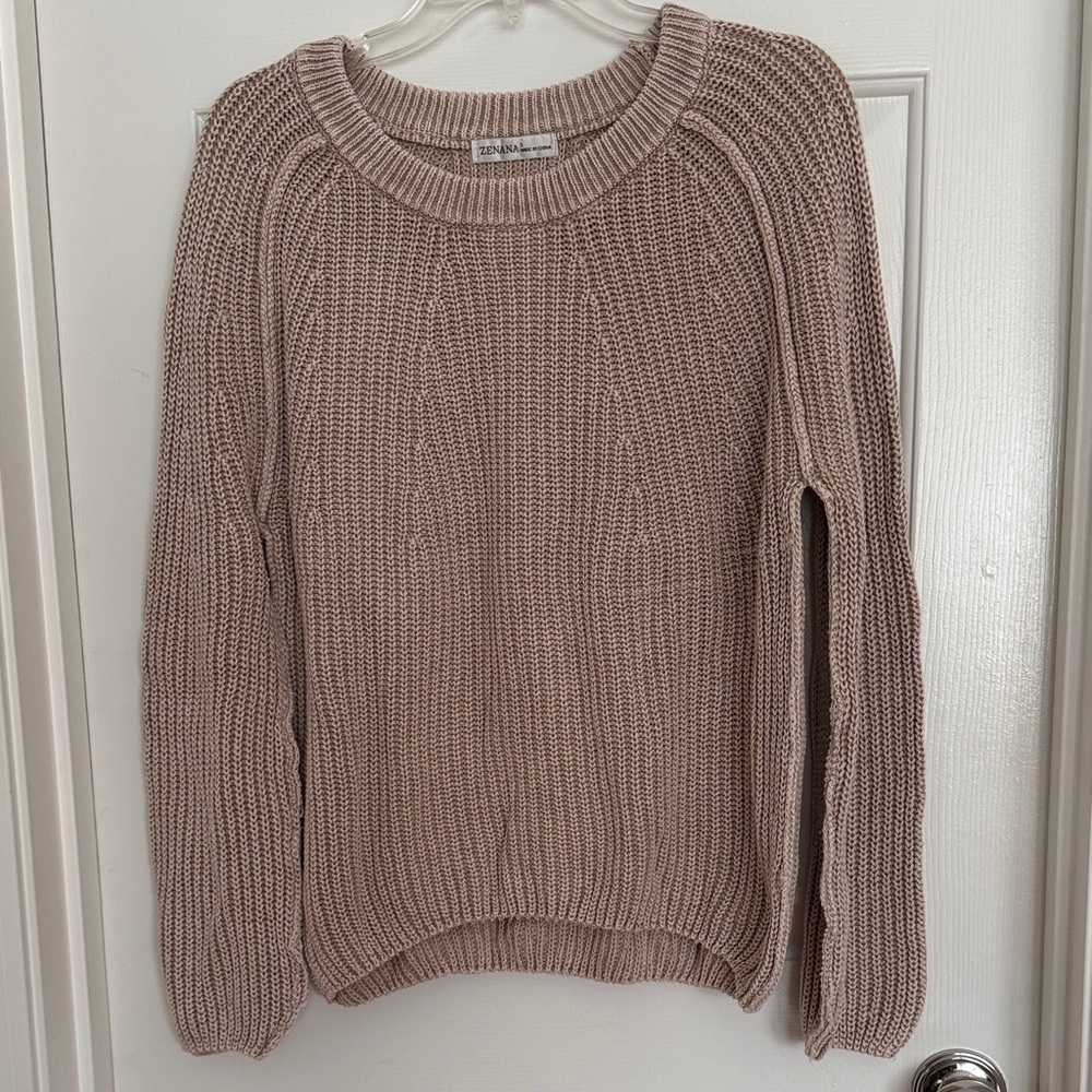 Zenana Outfitters Beige Crewneck Ribbed Sweater